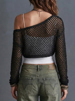 Hollow Mesh Off Shoulder Asymmetric Cropped Long Sleeve Knit Cover Up