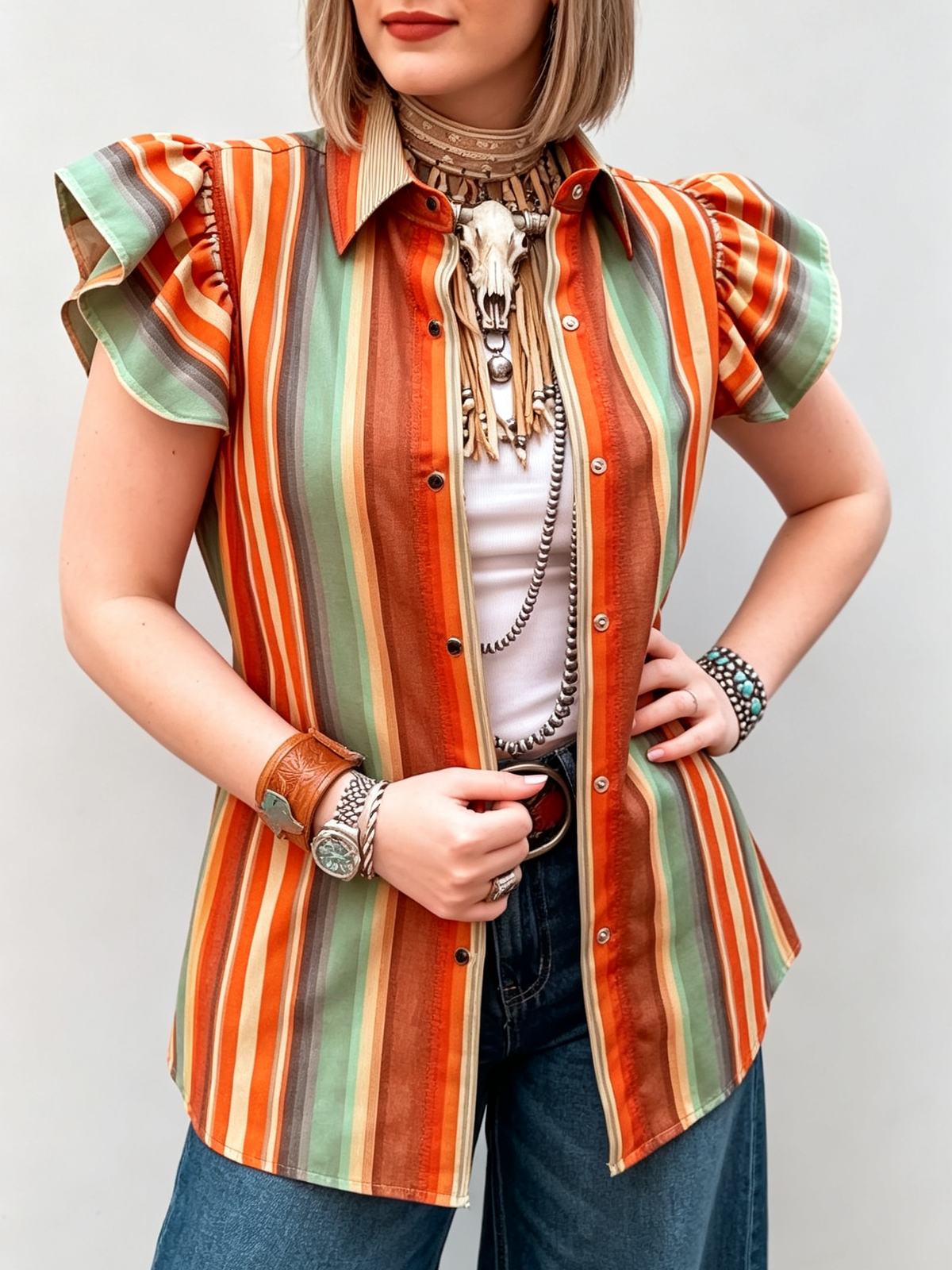 Boho-chic Striped Button-up Blouse