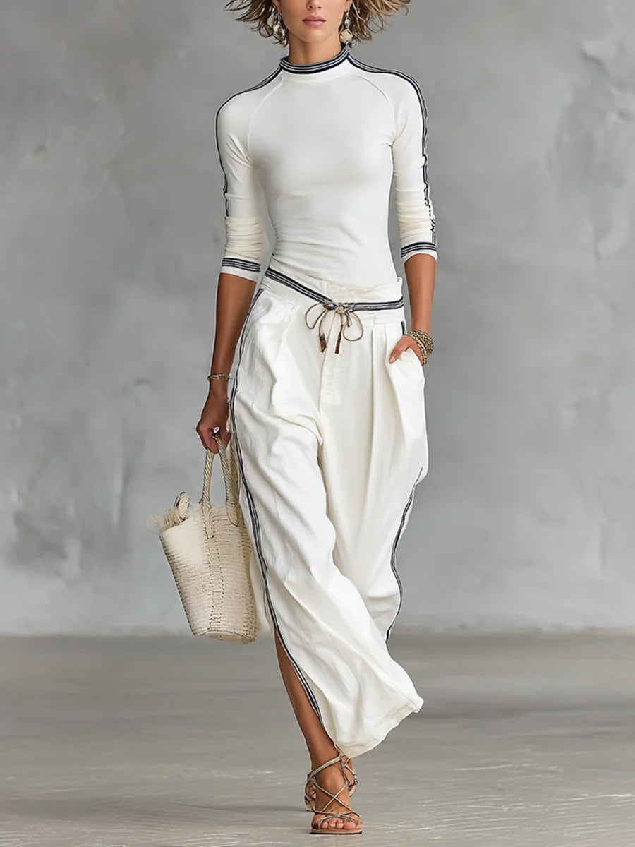 Cozy Stretch Knit Top And Cotton Trousers Two-piece Set
