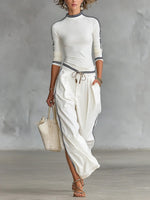 Cozy Stretch Knit Top And Cotton Trousers Two-piece Set