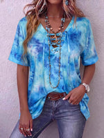 Women's Abstract Print V-neck Tie-waist Short-sleeve Cotton Top