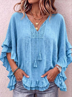 Women's V-neck Tie-waist 3/4 Sleeve Casual Loose Cotton Linen Top