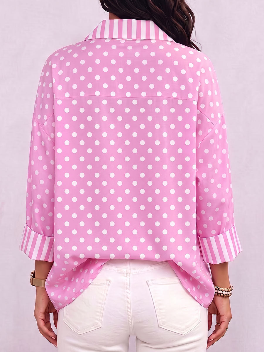 Women's Collared 3/4 Sleeve Polka Dot Print Casual Loose Cotton Linen Pullover Shirt