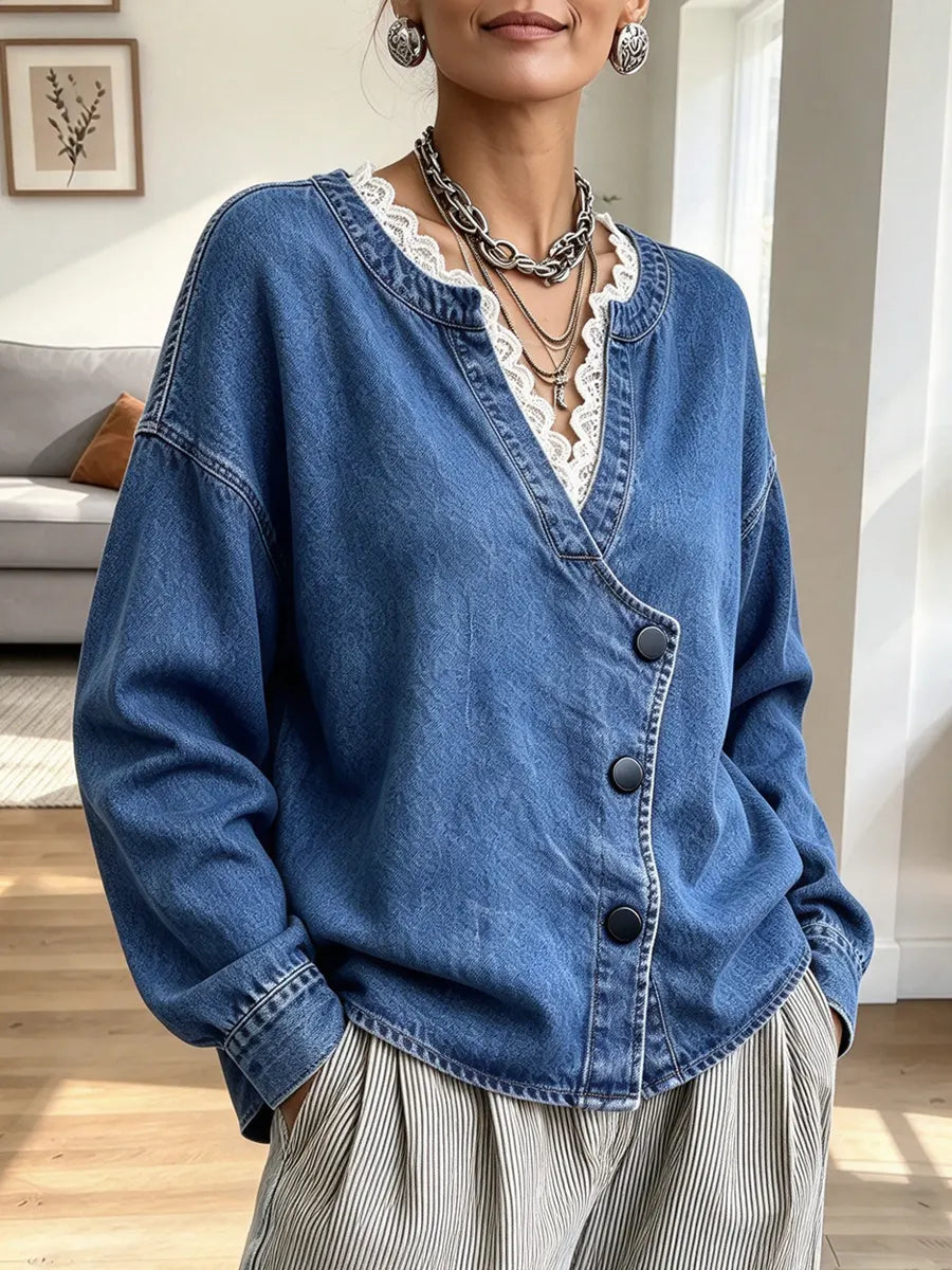 Retro Lace Denim Patchwork Art Casual Stylish Long Sleeve Coat