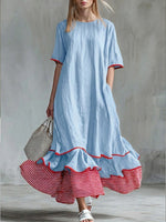 Casual Patchwork Red Striped Short-sleeved Dress