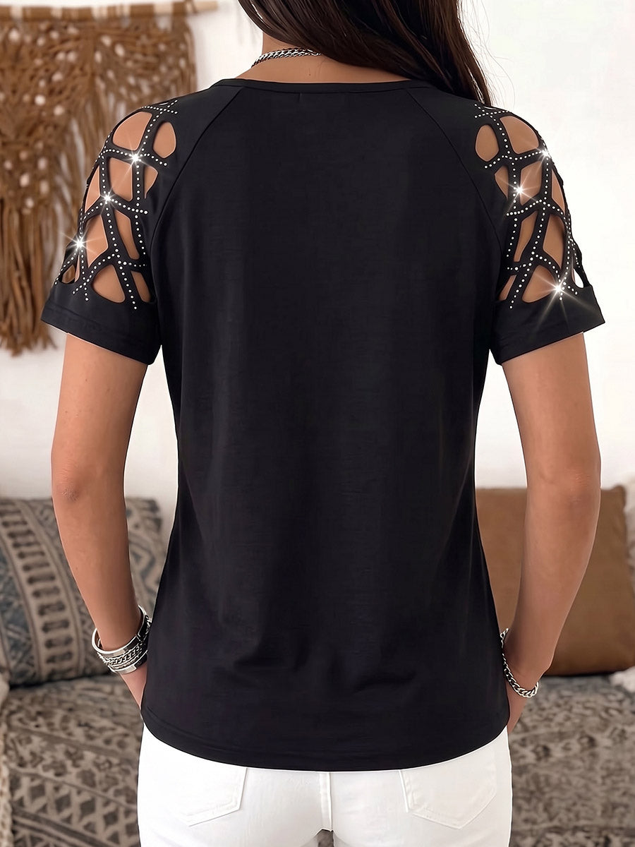 Women's Solid Color V-neck Short-sleeved Casual Loose Hollow-out Rhinestone Patchwork Top