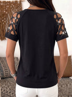 Women's Solid Color V-neck Short-sleeved Casual Loose Hollow-out Rhinestone Patchwork Top
