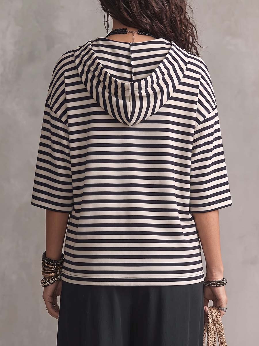 Women's Striped Printed Collared Hooded 3/4 Sleeve Casual Loose Cotton Pullover Top