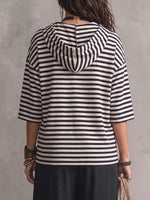 Women's Striped Printed Collared Hooded 3/4 Sleeve Casual Loose Cotton Pullover Top