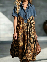 Loose, Mid-length Dress With A Denim Collar And Retro Animal Print Paneling