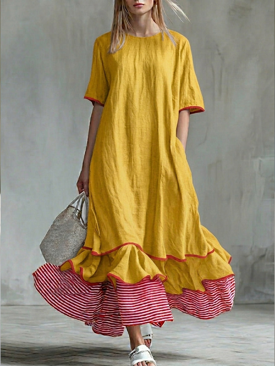 Casual Patchwork Red Striped Short-sleeved Dress