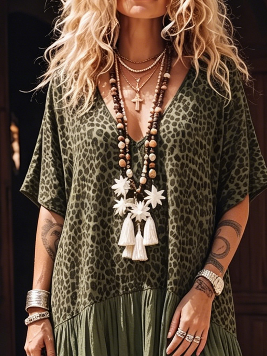 Casual Leopard-print Spliced chiffon & Cotton Dress