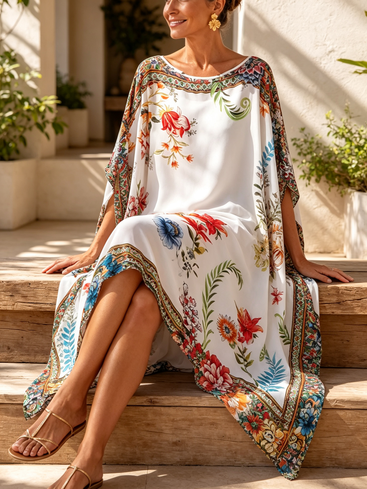 Elegant Floral Print Casual Boho Vacation Resort Kaftan Dress