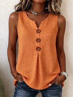 Women's Solid-color V-neck Sleeveless Casual Loose Cotton-linen Top