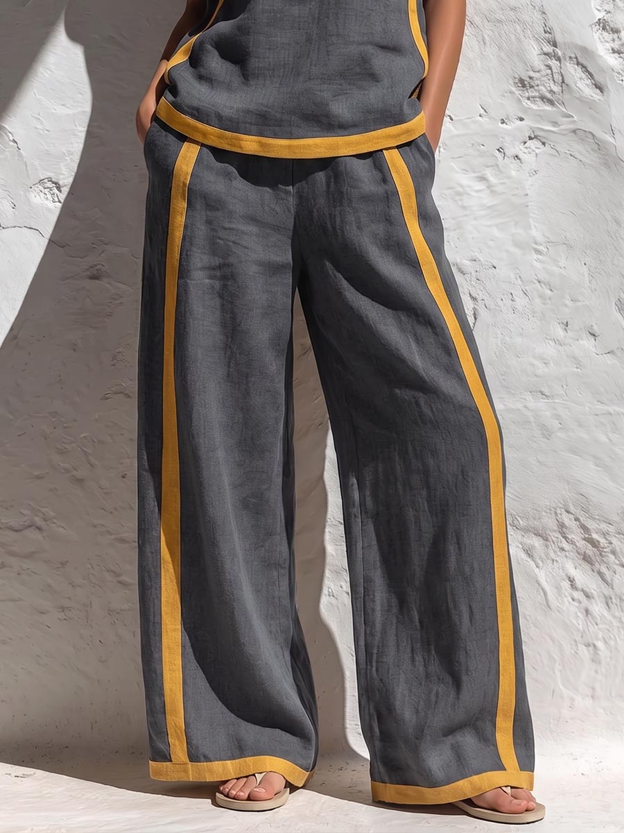 Women's Round Neck Sleeveless Casual Loose Top And High-waisted Loose Wide-leg Pants Cotton And Linen Set.