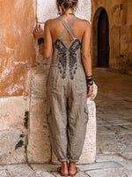 Women's V-neck Sleeveless Wide-leg Jumpsuit — Casual, Loose-fit Cotton-linen Blend With Placement Print