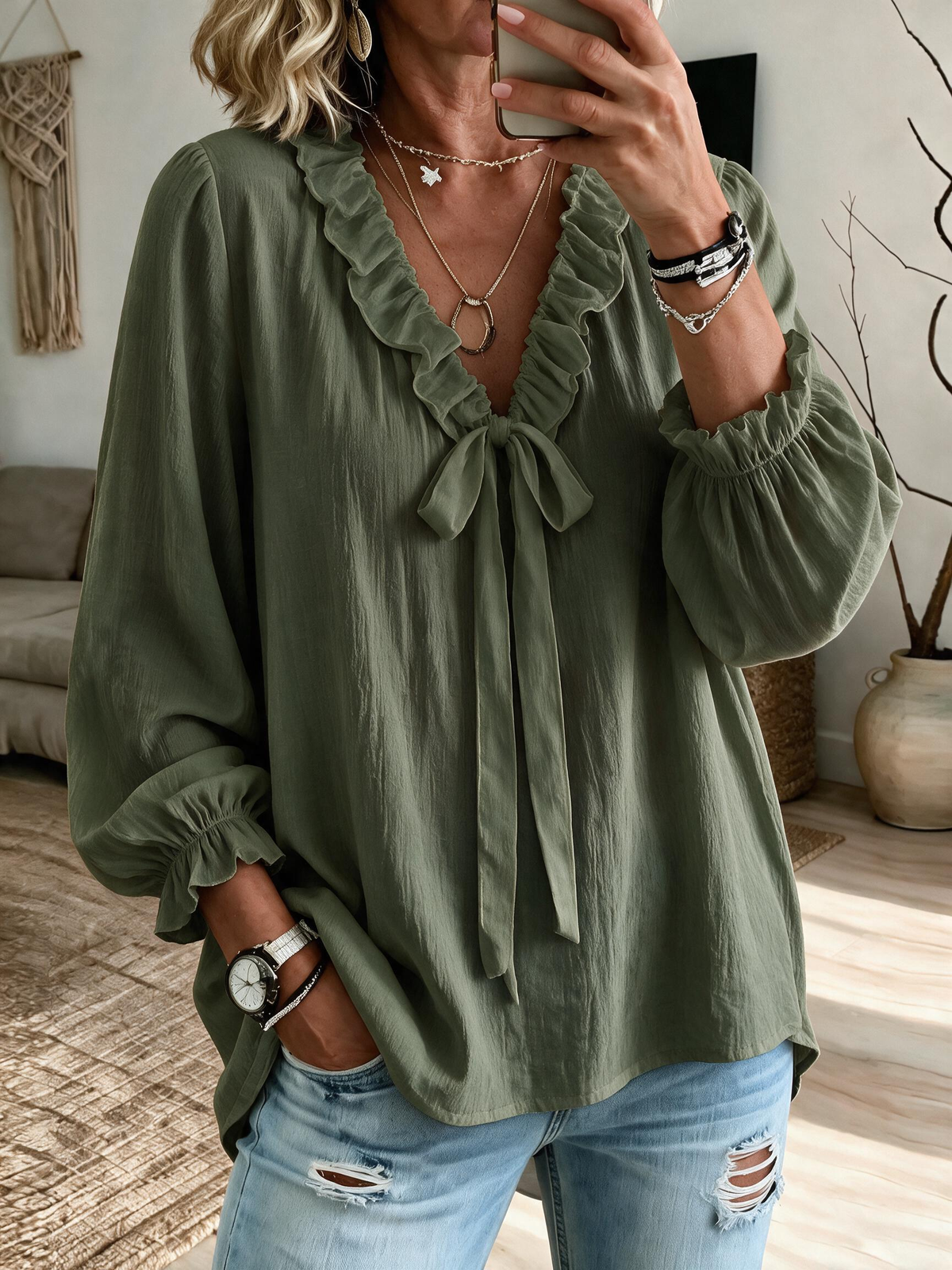 Elegant White Tie-Neck Blouse with Ruffle Trim