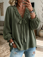 Elegant White Tie-Neck Blouse with Ruffle Trim