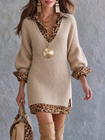 Stylish And Cozy Color-block Leopard Print Mini Knit Dress