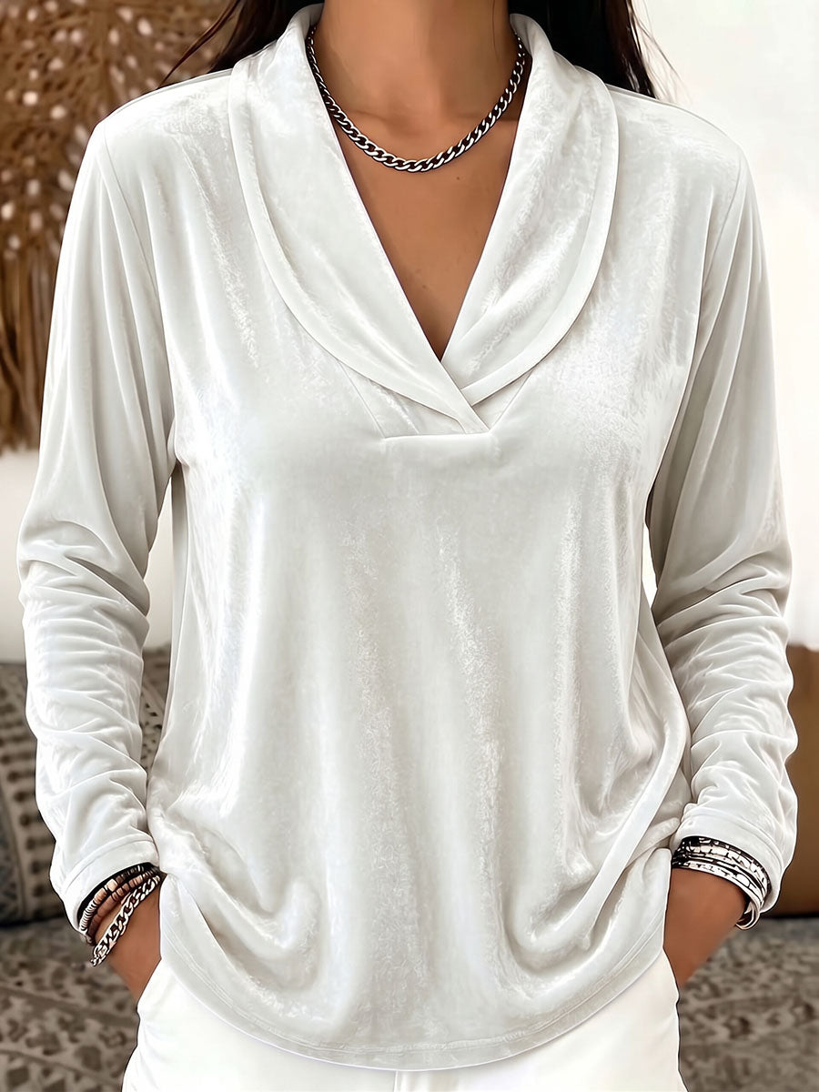 Women's Solid Color Lapel Long-sleeved Casual Loose Velvet Top