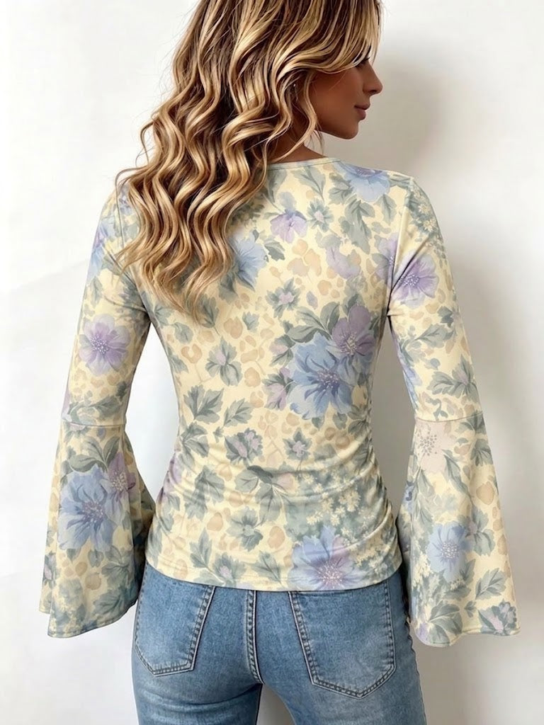 Boho-style Vintage Floral Stretchy Casual Shirt With Bell Sleeves