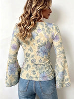 Boho-style Vintage Floral Stretchy Casual Shirt With Bell Sleeves