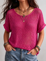 Round Neck Hollow Grid Roll Cuff Short Sleeve Knit Cover Up Top