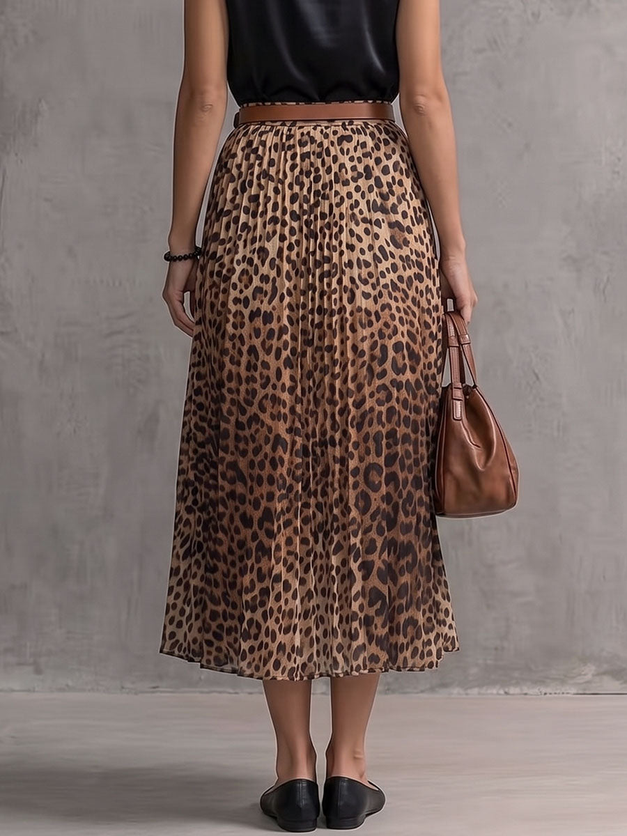 Women's Leopard Print High-waisted Casual Loose A-line Chiffon Midi Skirt