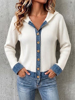 Denim-paneled Hooded Knit Cardigan