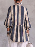 Artistic-style Striped And Polka-dot Linen Ruffle-trim Top