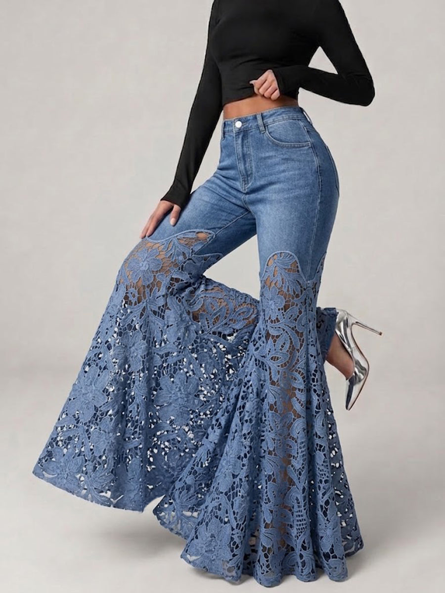 Elegant And Romantic Patchwork Lace Flare Jeans