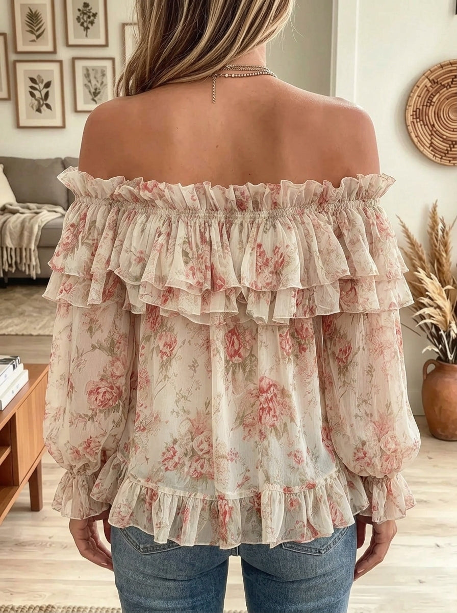 Women's Floral Print Tiered Ruffle Off-Shoulder Top
