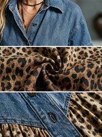 Women’s Denim Spliced Gradient Leopard Print Shirt Midi Dress