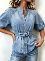Chic Stand Collar Belted Puff Sleeve Casual Denim Shirt