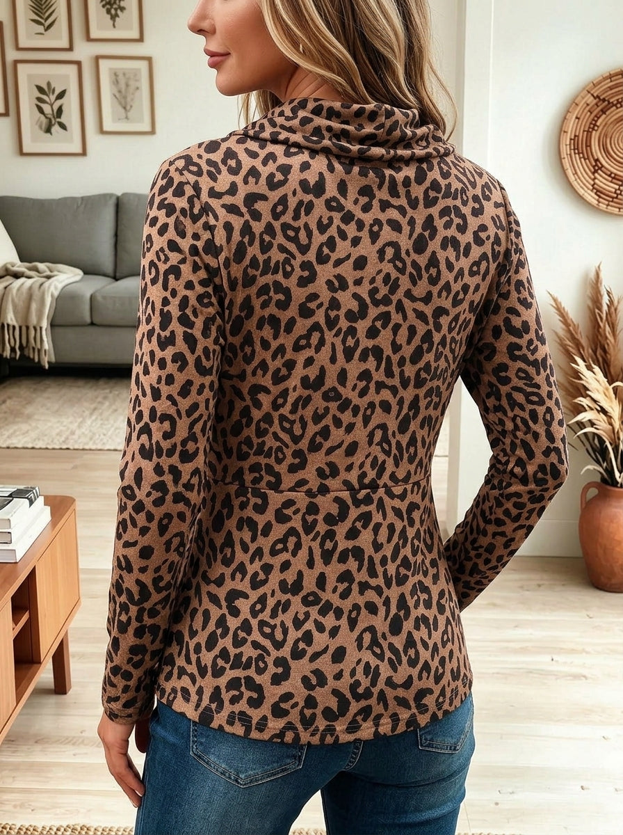 Women's Leopard Print Cowl Neck Top, Asymmetric Button Slim Long Sleeve Tunic Blouse