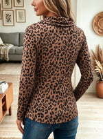 Women's Leopard Print Cowl Neck Top, Asymmetric Button Slim Long Sleeve Tunic Blouse