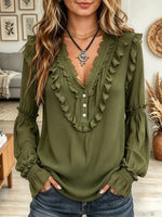 Women's Embroidered Lace Ruffle V-Neck Gauze Blouse