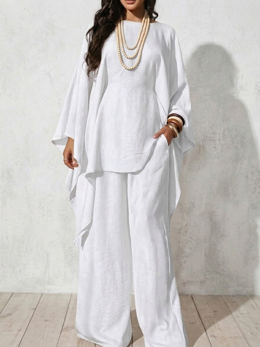 Loose-fit Casual Cotton-linen Blend Top And Trousers Two-piece Set