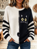 Women's Split Color Block Cat Face Jacquard Sweater, Striped Long Sleeve Crew Neck Knit Pullover