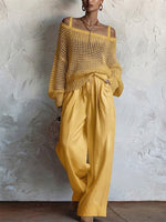Two-piece Set: Open-knit Top And Cotton-linen Trousers