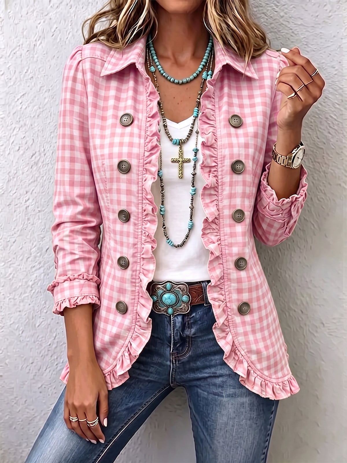 Chic Green Gingham Ruffled Button-Down Jacket