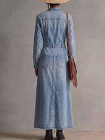 Women's Collared Long-sleeved A-line Denim Dress With Slit