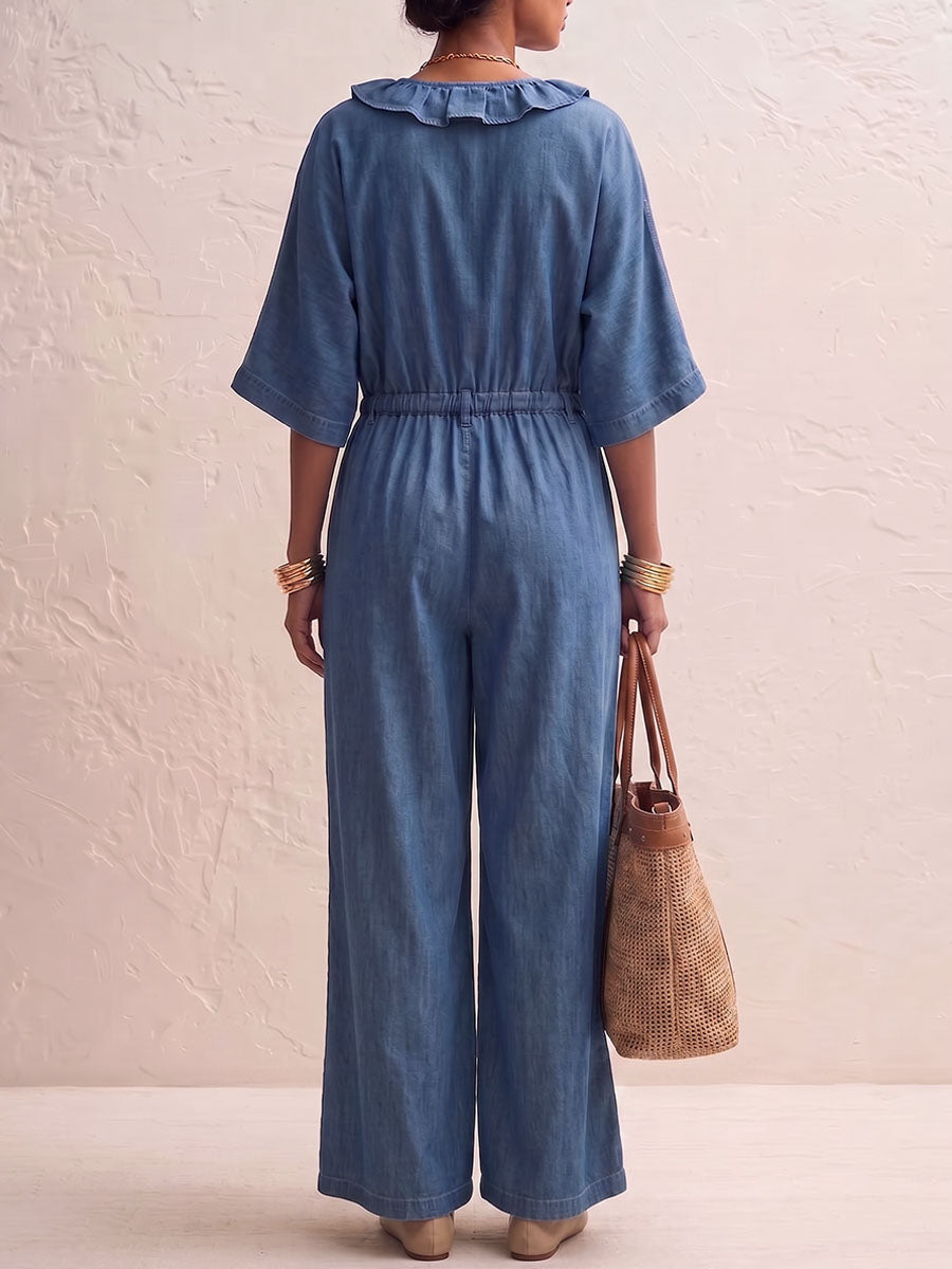 Women's V-neck 3/4 Sleeve Casual Loose Denim Wide-leg Jumpsuit