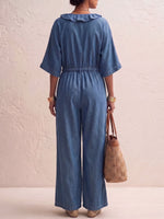 Women's V-neck 3/4 Sleeve Casual Loose Denim Wide-leg Jumpsuit