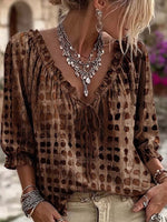 Comfortable Retro-style Polka-dot Print Cotton-blend Top With Ruffled V-neck