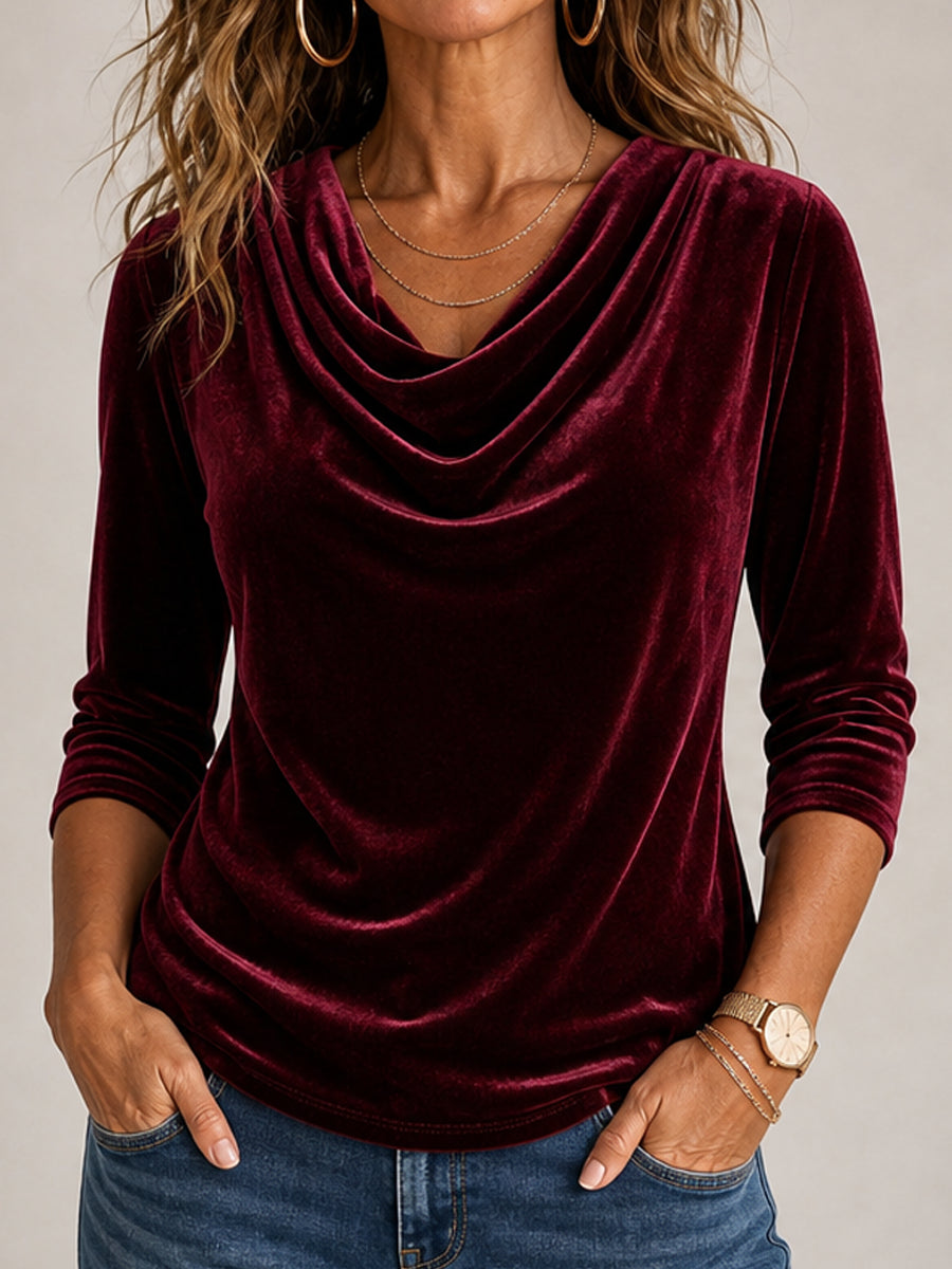 Wine Red Luxe Velvet Cowl Neck Top
