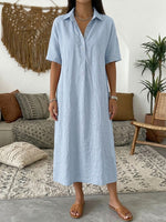 Casual Polo Collar Linen And Cotton Short-sleeved Dress