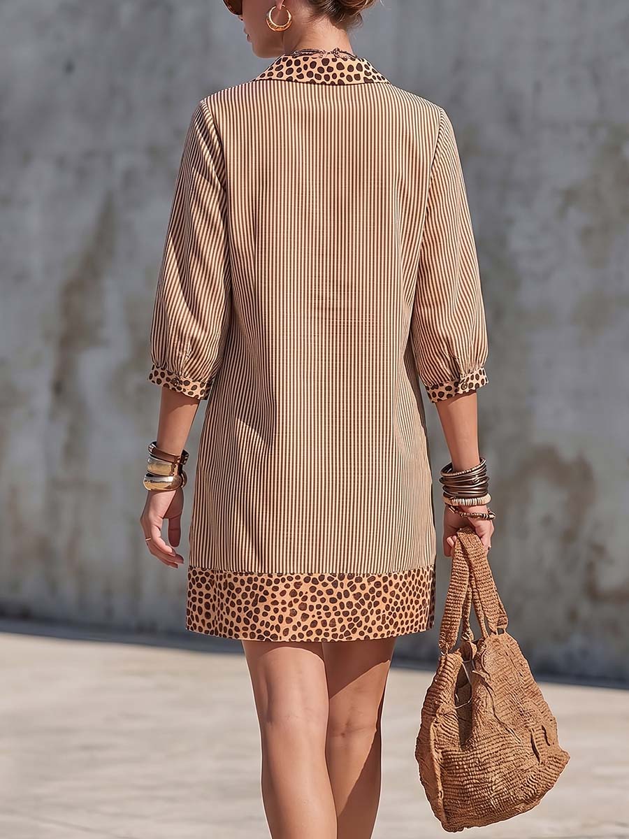 Women's Leopard Print Patchwork Striped Print Pullover Collar 3/4 Sleeve Casual Loose Cotton Linen Dress