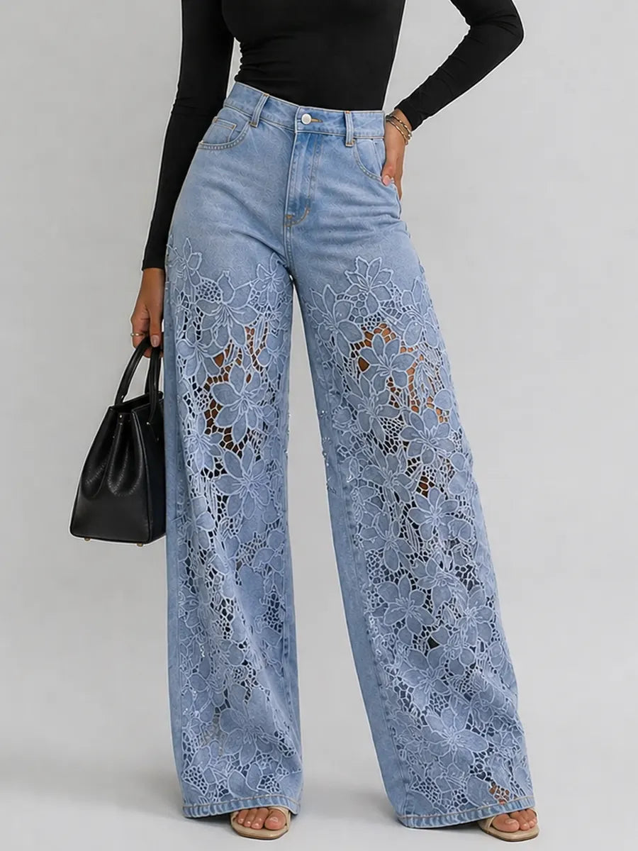 Lace Cut-out Wide-leg Denim Jeans