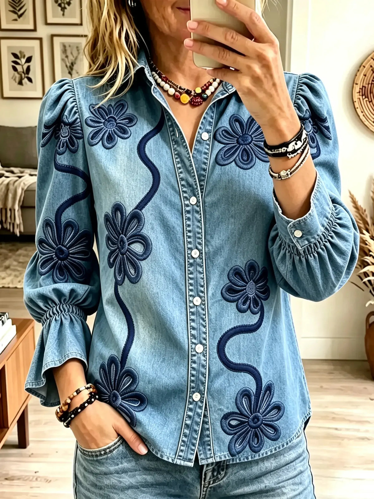 Women's Floral Puff Sleeve Denim Shirt